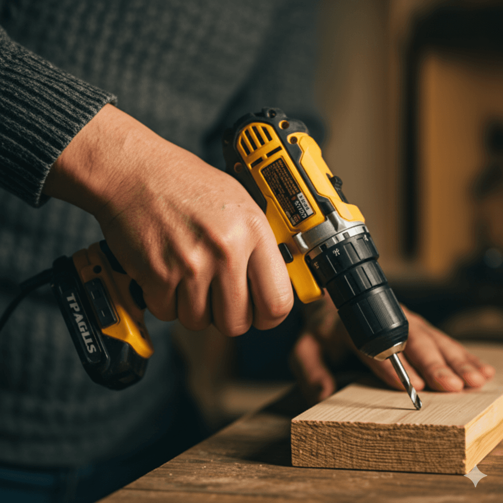 Handyman performing a repair on a wooden fixture.